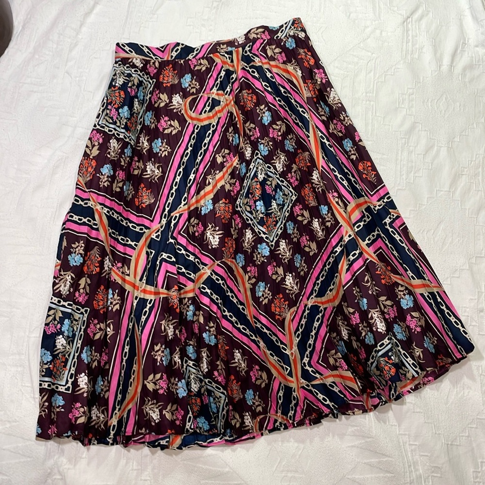 Anne Taylor Floral Scarf Print Pleated Midi Skirt Pink Wine Navy Size 12